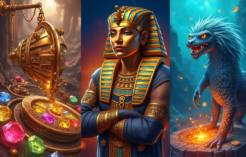 Jackpot Crush app — Egyptian slots, fortune wheel, ocean theme collage