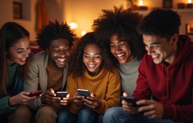 Community of players enjoying mobile games — diverse people playing on phones, happy atmosphere